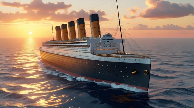 Ultra-realistic digital artwork of RMS Titanic sailing majestically in the Atlantic Ocean at sunset