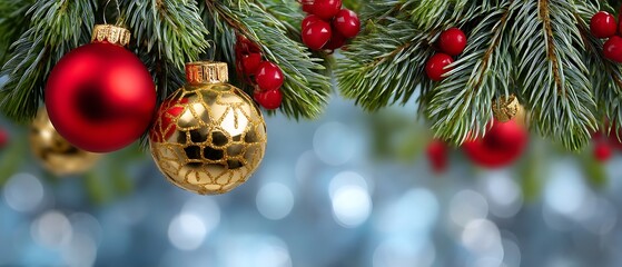 Obraz premium Festive Christmas Ornaments Hanging on Evergreen Branch with Bokeh Background