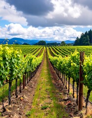Obraz premium Vineyard rows stretching into a landscape under a cloudy sky