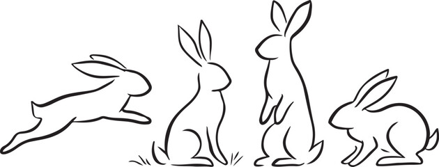 PrintFour stylized line art rabbits in various poses on a white background