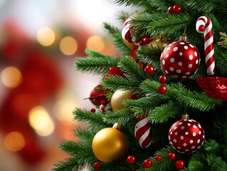 Fototapeta premium Close-up View of Christmas Tree Decorations with Ornaments and Lights