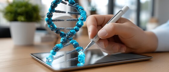 Hand Holding Pen and Drawing DNA Helix on Digital Tablet with Blue Molecules