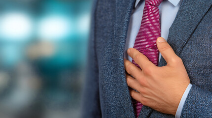 Stressed businessman clutches chest in sharp pain experiencing sudden heart attack symptoms during intense work pressure