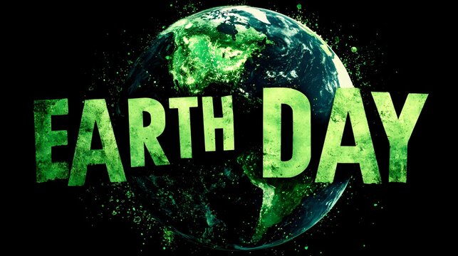 Poster showing glowing green earth silhouette above bold text "Earth Day"