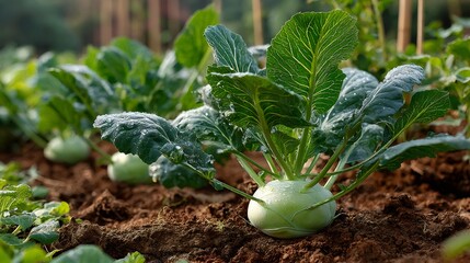 Fresh kohlrabi plants growing in garden soil