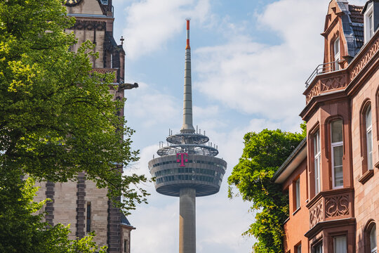 Colonius tower with Deutsche Telekom brand logos on it, Cologne, Germany
