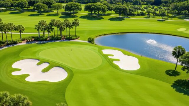 Aerial view of a lush green golf course with palm trees and a pond, 4k video footage
