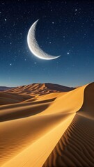 Crescent moon shines brightly over vast golden sand dunes under a starry night sky