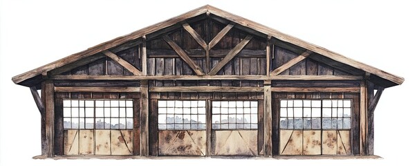 Obraz premium Urban exploration mystery vintage Rustic Wooden Barn Structure with Open Doors and Large Windows