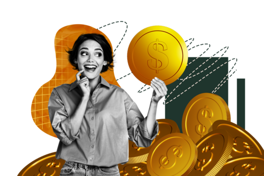 Creative abstract template collage of interested female hold golden coin earning money unusual fantasy billboard comics