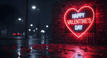 Happy valentines day neon heart sign glowing on a brick wall at night with rose petals on the wet ground