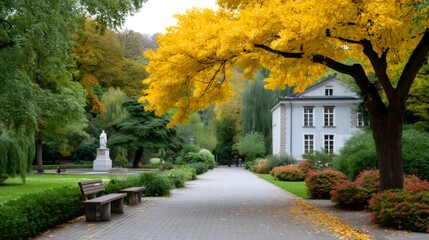 Obraz premium Park path with autumn trees and a historic mansion