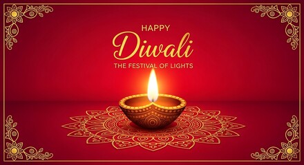 Vibrant diwali celebration with a glowing diya and intricate golden ornate borders