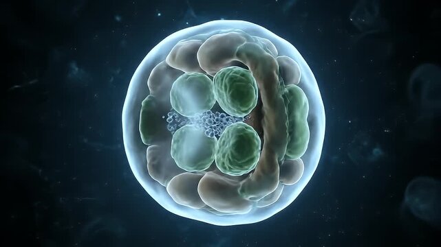 Microscopic view of a dividing plant cell embryo undergoing early stage development in 3D