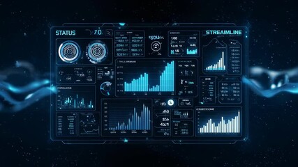 Futuristic digital interface with data displays, graphs, and status readouts in blue tones - Powered by Adobe