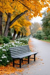 Naklejka premium Park bench sitting under golden autumn trees