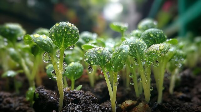 Green plant sprouts growing in wet soil
