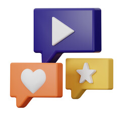 Three Dimensional Speech Bubbles with Play Button Heart and Star Isolated on Transparent Background