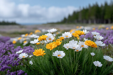 Vibrant Meadow with Yellow and White Flowers Under a Beautiful Sky