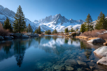 Serene Winter Landscape with Mountains and Reflections in Clear Water