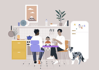 A family shares a delightful dinner in their cheerful kitchen, A child sits at the table, while parents chat and smile, with a dog nearby, adding warmth to the evening.