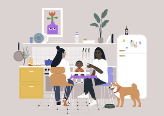 A family shares a delightful dinner in their cheerful kitchen, A child sits at the table, while parents chat and smile, with a dog nearby, adding warmth to the evening.