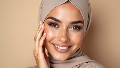 Woman in Hijab Caressing Her Soft Skin Against Minimal Backdrop