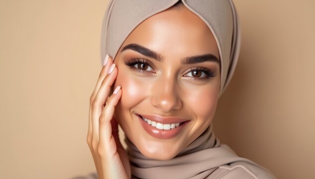 Woman in Hijab Caressing Her Soft Skin Against Minimal Backdrop