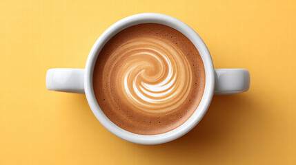 Coffee swirl concept art in cup with creamy pattern on top viewed from above on yellow background