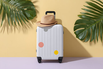 Stylish Travel Luggage with Hat on Yellow Background and Green Leaves