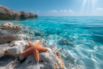 Vibrant Starfish on Rocky Shore Against Crystal Clear Blue Sea Water