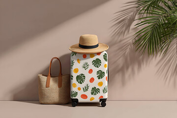 Stylish suitcase with tropical pattern, hat, and bag against beige wall