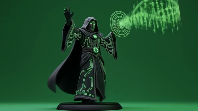 Futuristic Cyberpunk Mage Conjuring Digital Magic with Glowing Circuitry Robes