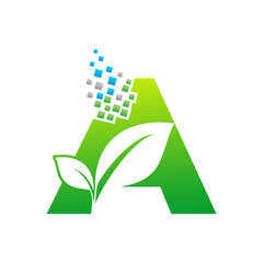 Green Letter A Logo with Leaf and Digital Pixel Technology