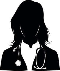 Black vector silhouette illustration of a doctor with a stethoscope, profile view of a woman's face and hair