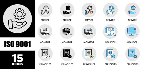 ISO 9001 icon set with various styles and colors  of corporate sustainability performance for investment screening