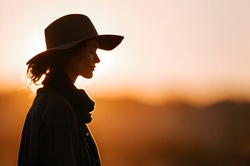 A silhouette of an elegant woman in a hat standing in profile during a golden hour sunset