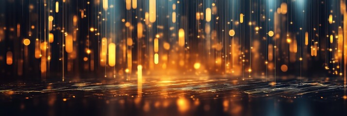 Abstract golden bokeh background with shimmering lights and rays, dramatic lighting effect