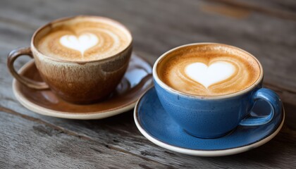 Heart Shaped Foam Adorning Americano And Latte Coffee Beverages Served In Ceramic Cups With Handles And Saucers At A Cafe. Top And Side Views Of Aromatic Milk-Infused Drinks.
