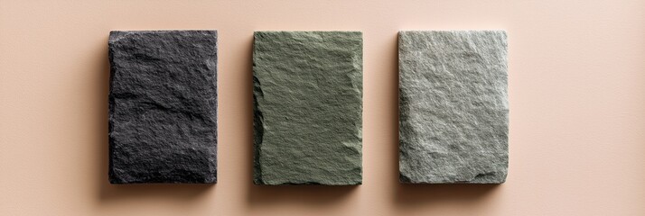 Muted granite sample slabs arranged on smooth beige surface. Gentle shadows and textures emphasized
