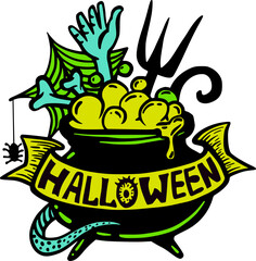 Halloween Cauldron with Zombie Hand Illustration, Cute Festive Cartoon Graphic in Neon Green and Yellow Colors. Isolated Vector Illustration for Sticker or Poster Design