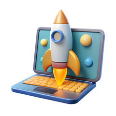 3d rocket launching from laptop screen symbolizing startup and innovation