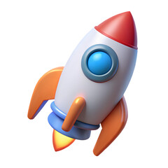 Cartoon rocket ship blasting off with flames against a black background