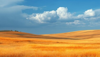 Fototapeta premium Panoramic View Of Spacious Rural Natural Landscape With Ripening Wheat Fields And Blue Sky On A Warm Summer Day