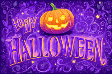 Happy Halloween typography with glowing jack o’ lantern on purple decorative background. Festive seasonal design.