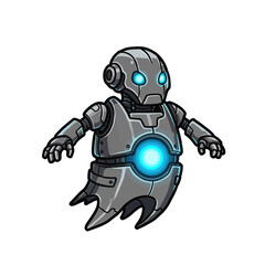 Futuristic robot ghost character with glowing blue eyes and chest
