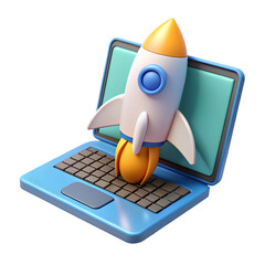 Cartoon rocket launching from a laptop screen symbolizing startup and innovation