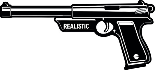 Black metal handgun and bullets on a white background, representing danger and protection
