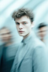 Young man standing still in center of rushing business crowd, facing forward with calm focus