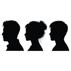 Silhouettes of three diverse people in profile facing left